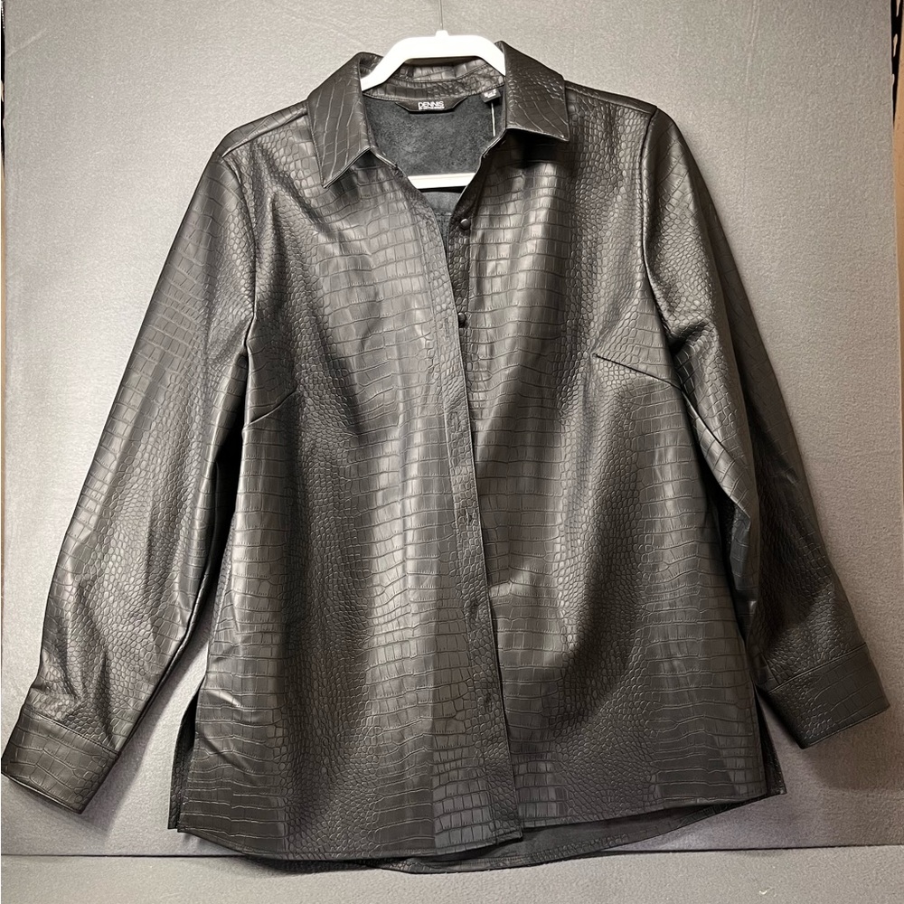 dennis basso Black Faux Croc Leather Button-Up Jacket